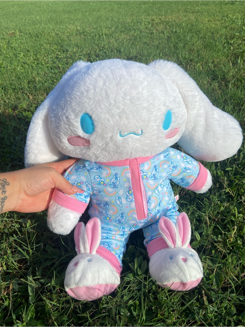 Build-A-Bear White Plush Bunny in Blue Rainbow Pajamas with Pink Accents